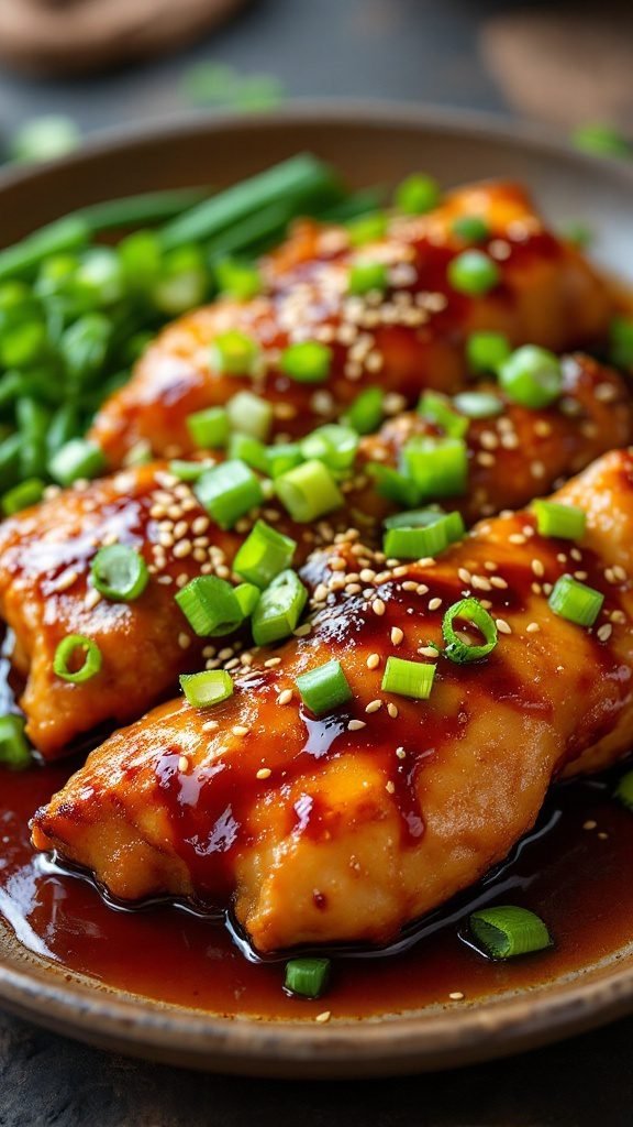 A plate of Chicken Teriyaki garnished with green onions and sesame seeds.