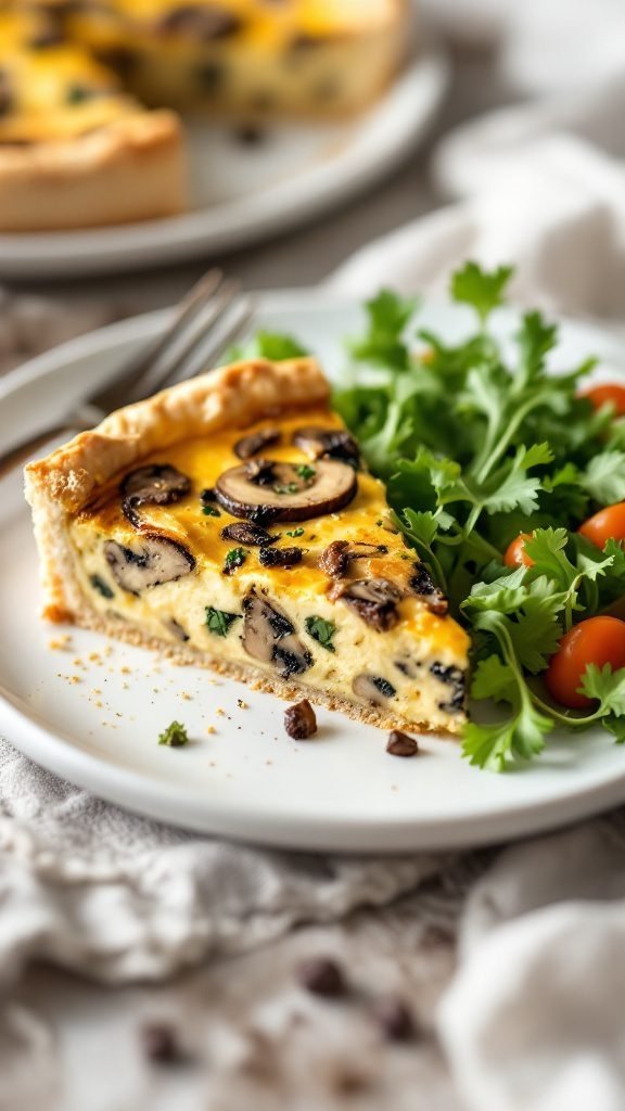 A slice of savory mushroom and goat cheese quiche served with a side salad.