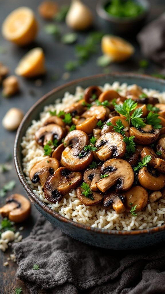 Savory mushroom rice bowl with sliced mushrooms on a bed of rice, garnished with parsley.