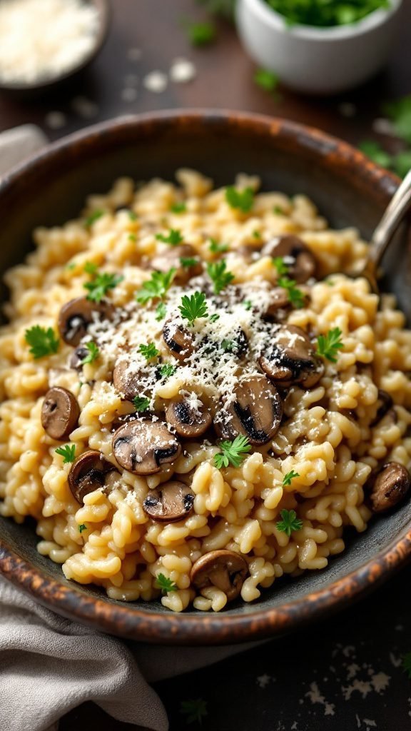 A bowl of creamy mushroom risotto topped with fresh parsley and grated cheese.