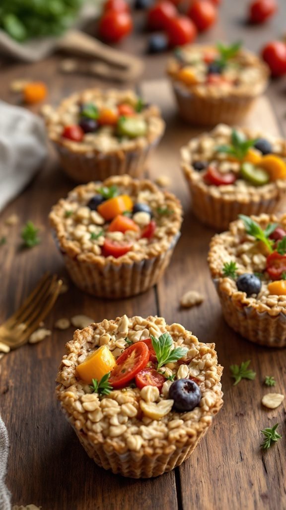 Savory oatmeal cups filled with colorful veggies.