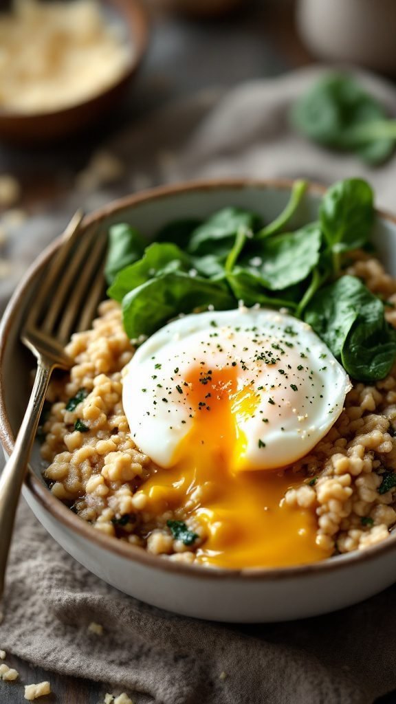 Bowl of savory oatmeal topped with a poached egg and fresh spinach.