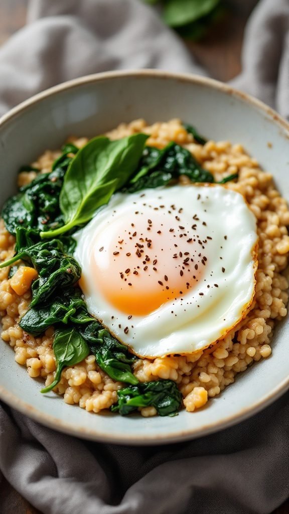 A bowl of savory oatmeal topped with spinach and a fried egg.