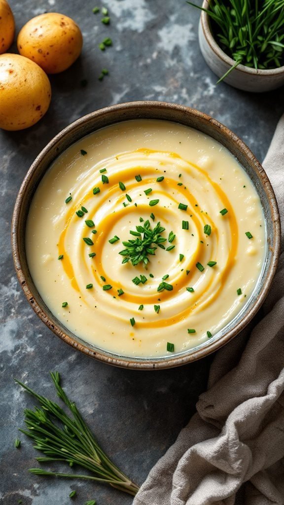 A bowl of creamy potato and leek soup garnished with chives