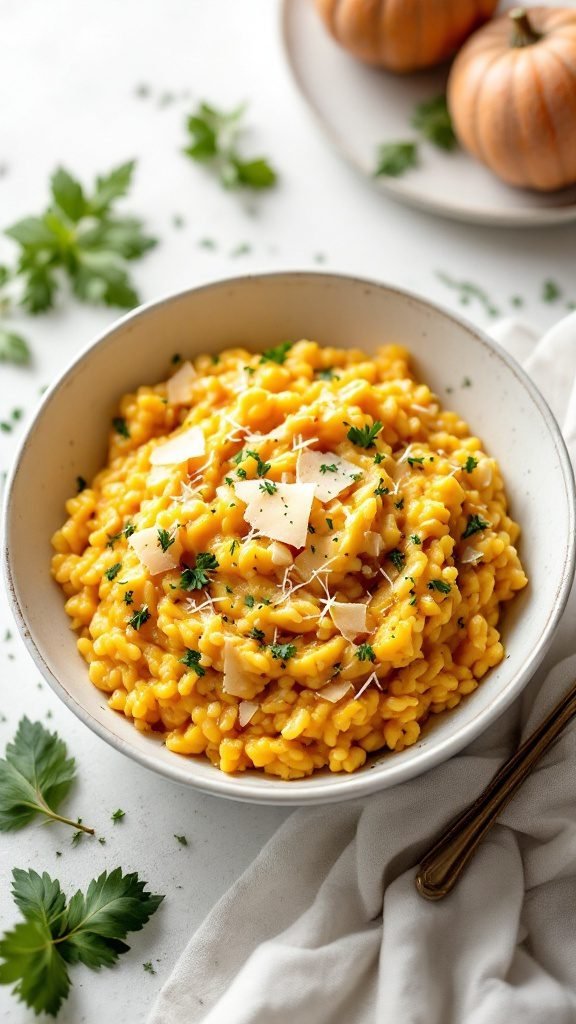 A bowl of creamy pumpkin risotto topped with parsley and cheese