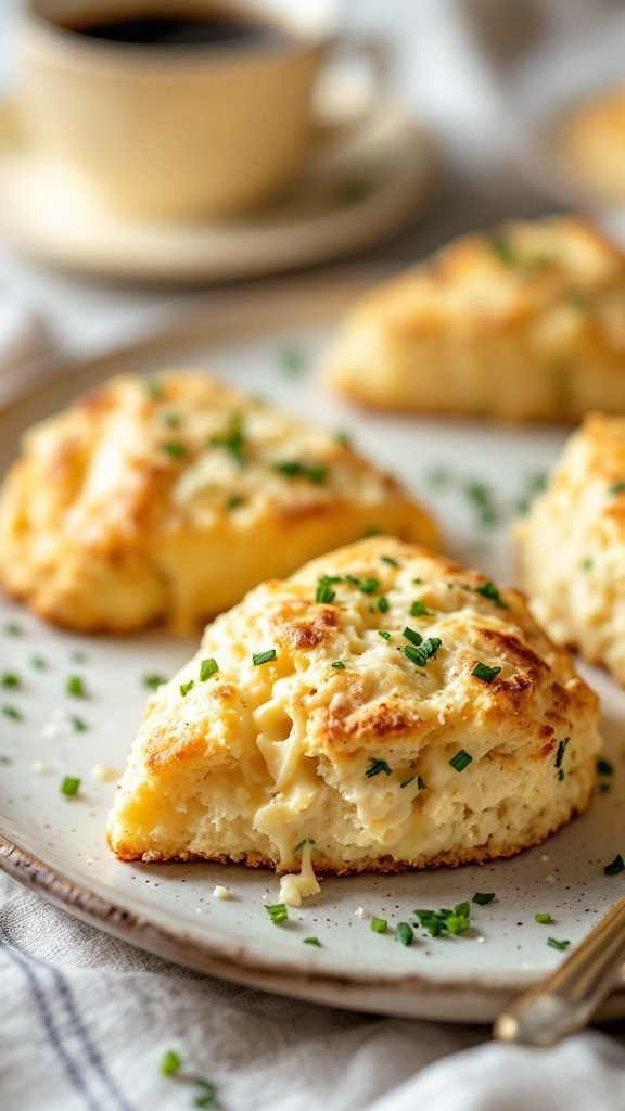 Savory scones with cheese and chives on a plate.