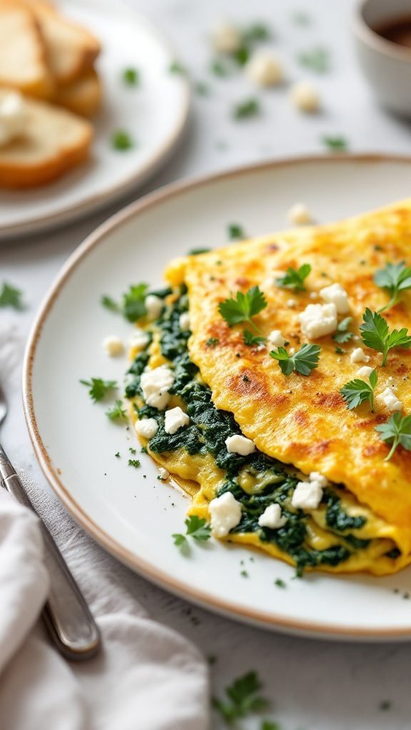 A delicious spinach and feta omelet served on a plate with a garnish of parsley.