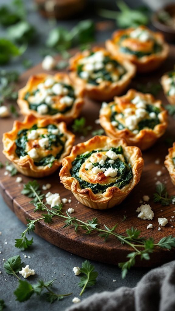 Savory spinach and feta puffs arranged on a wooden serving platter.