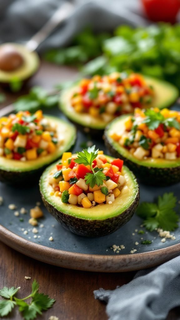 Savory stuffed avocados filled with a colorful vegetable mixture.
