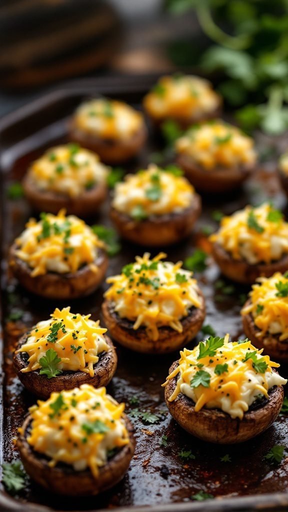 Savory stuffed mushrooms topped with cheese and herbs.