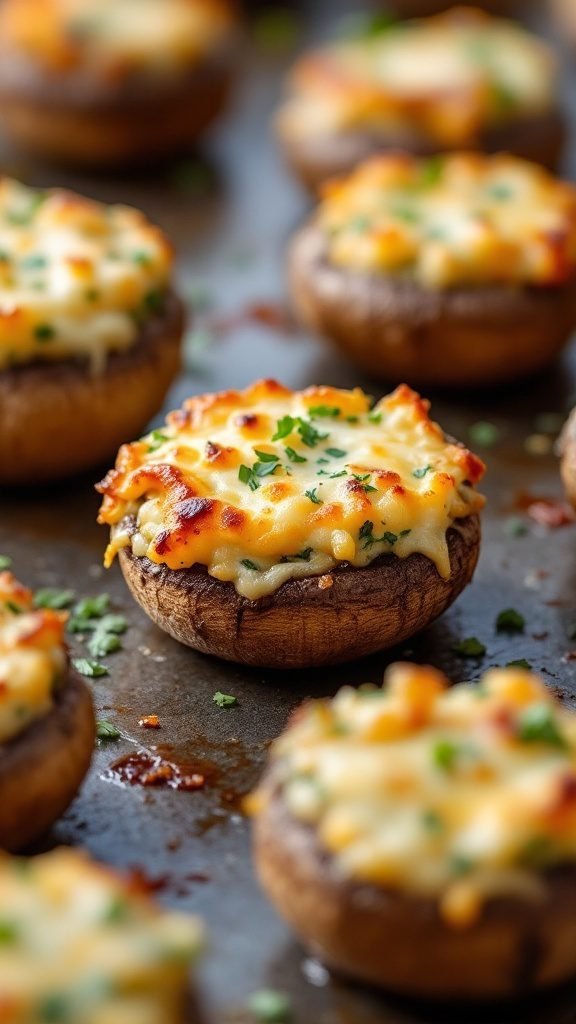 Savory stuffed mushrooms topped with cheese and herbs.