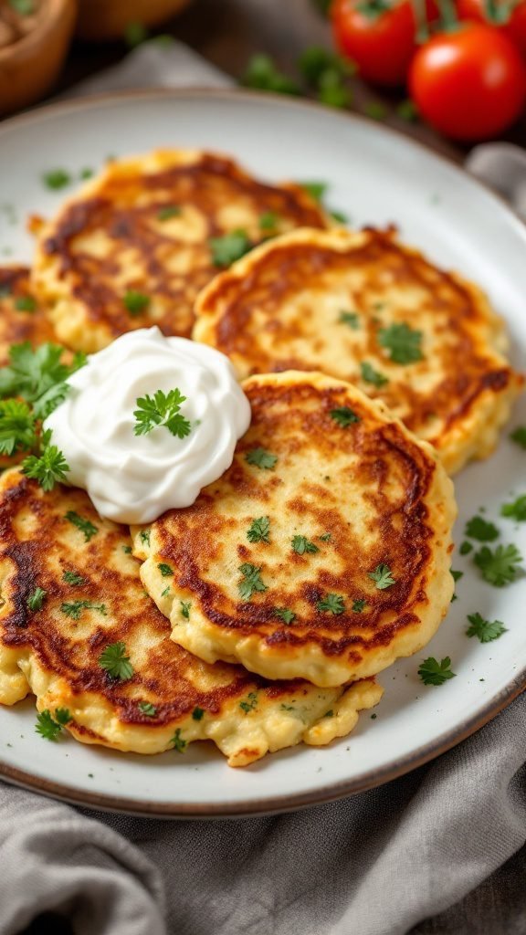 A plate of savory vegetable pancakes topped with yogurt and garnished with herbs