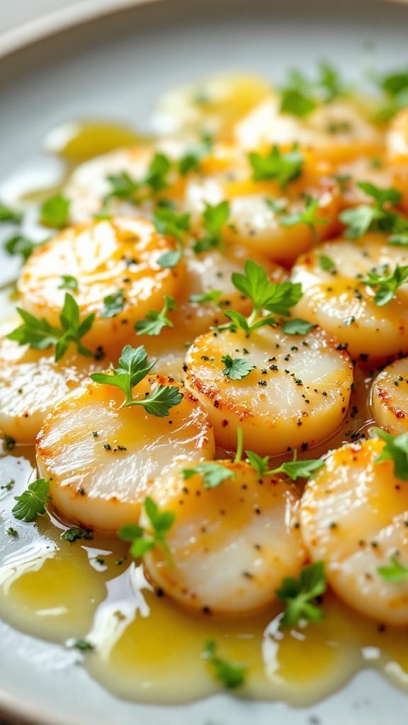 Scallop carpaccio with citrus dressing garnished with herbs.