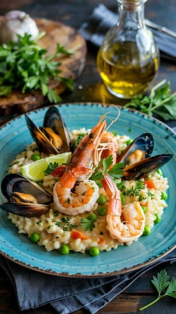 A delicious plate of seafood risotto with peas, garnished and ready to eat.
