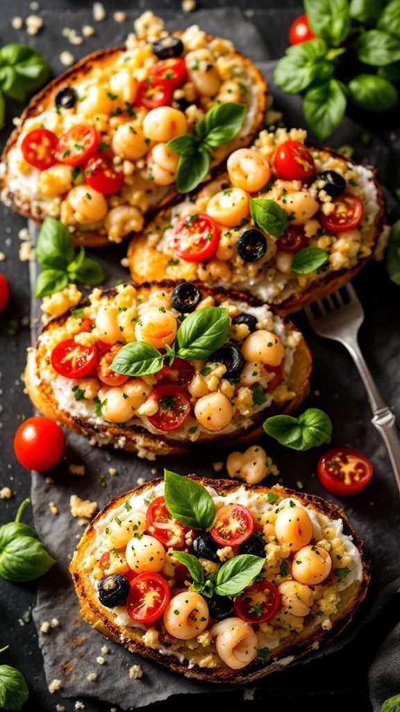 Seafood bruschetta with shrimp, tomatoes, and basil on toasted baguette slices.