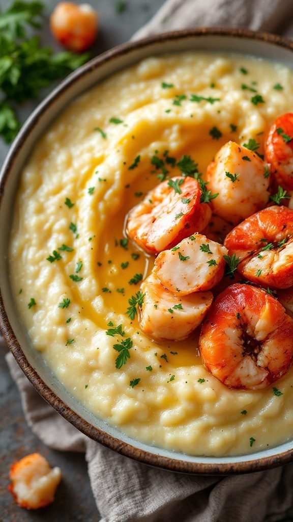 A delicious bowl of seafood grits topped with lobster and garnished with fresh herbs.