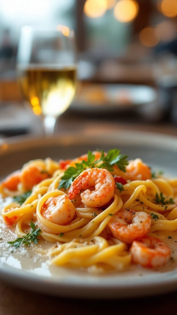 Plate of seafood pasta with shrimp and white wine sauce garnished with parsley.