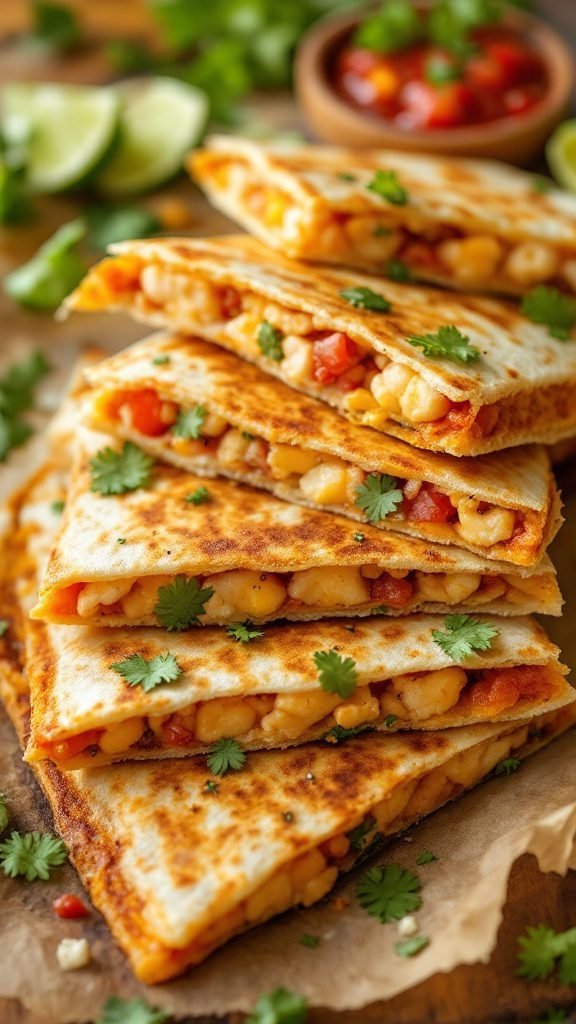 Delicious seafood quesadillas stacked and garnished with cilantro, served with salsa.