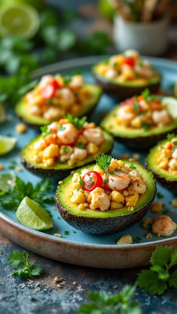 Seafood stuffed avocados with shrimp and crab.