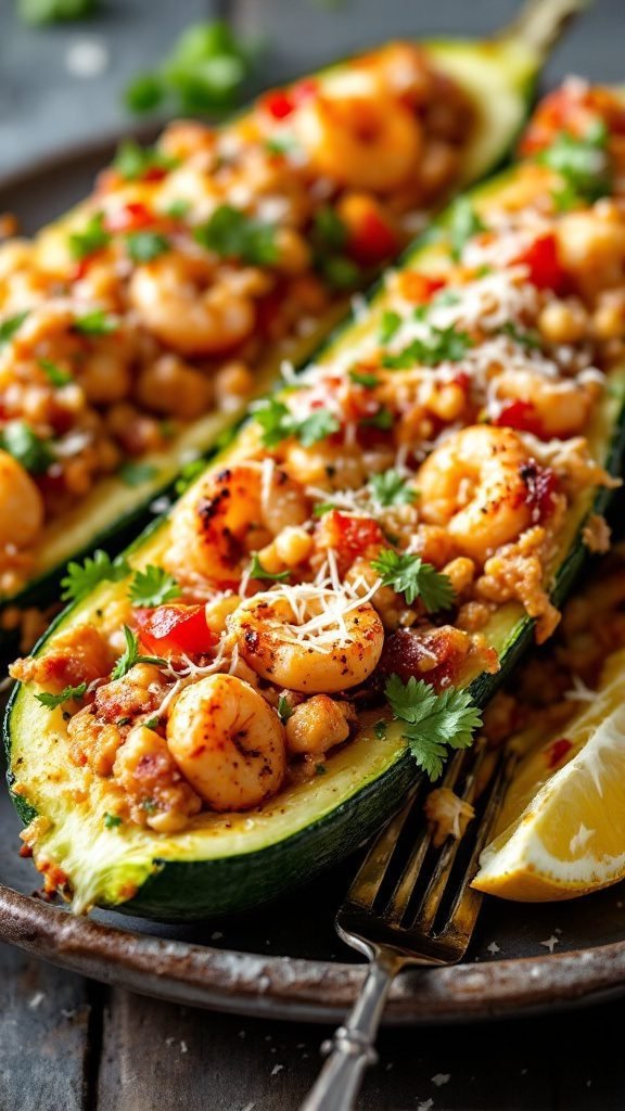 Seafood stuffed zucchini boats with shrimp, quinoa, and cheese.