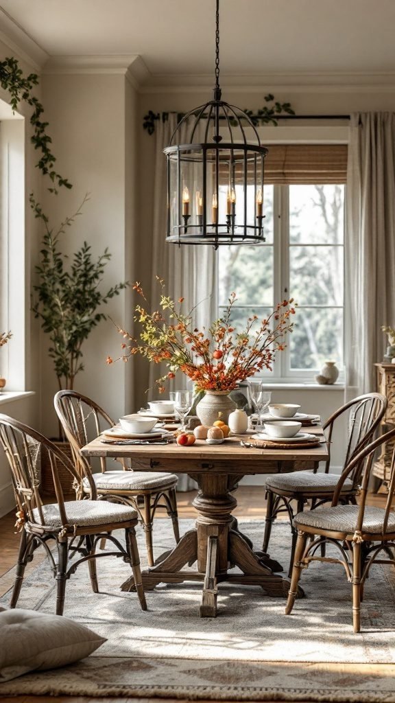 A cozy dining room with a wooden table, stylish chairs, and seasonal decor featuring warm floral arrangements.