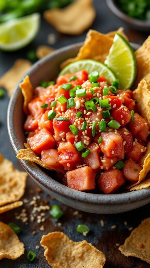 A bowl of sesame crusted Ahi poke topped with green onions and served with crispy wonton chips.