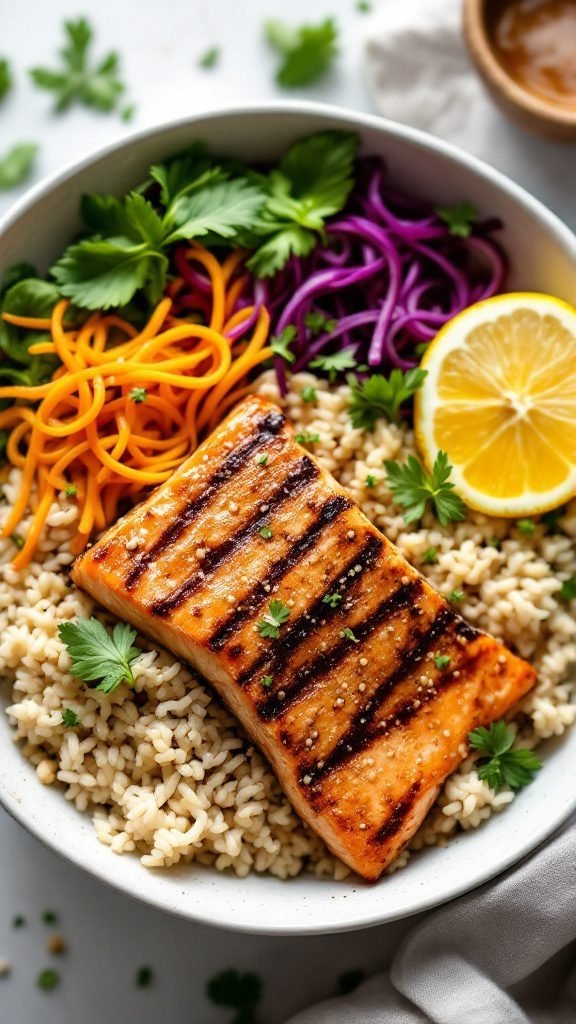 A delicious sesame ginger salmon rice bowl with vibrant vegetables and fresh cilantro.