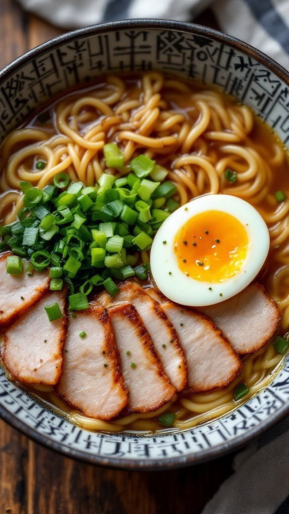 A bowl of shio ramen with pork, scallions, and a soft-boiled egg