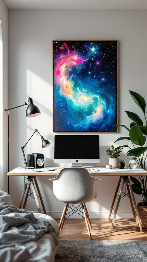A cozy bedroom office featuring a vibrant cosmic artwork above a sleek desk with a computer and plant.