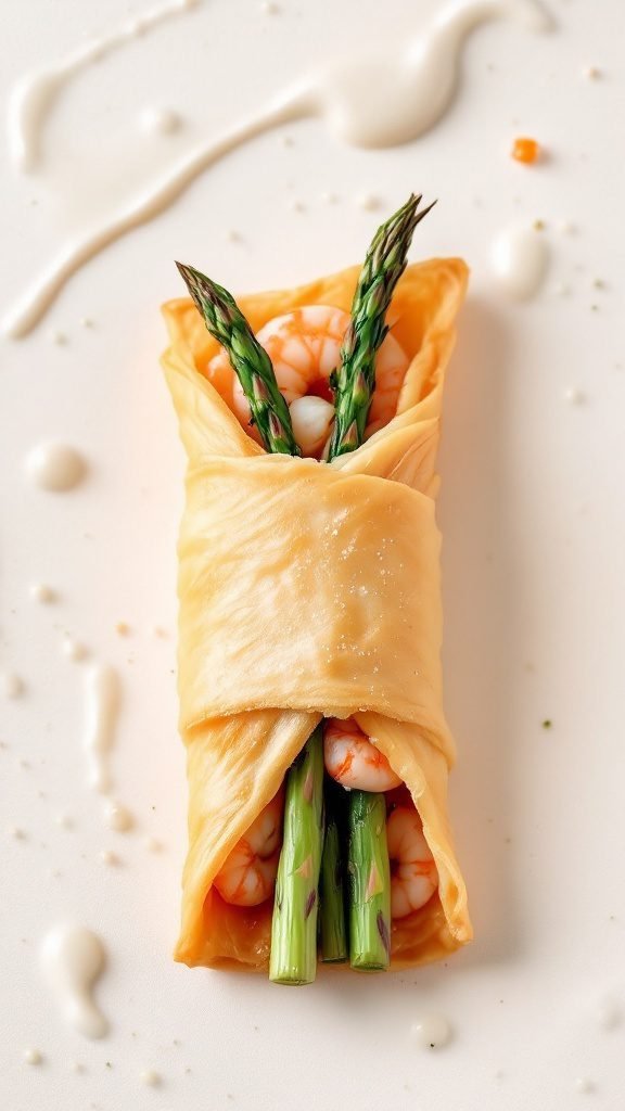 Shrimp and asparagus rolls wrapped in puff pastry
