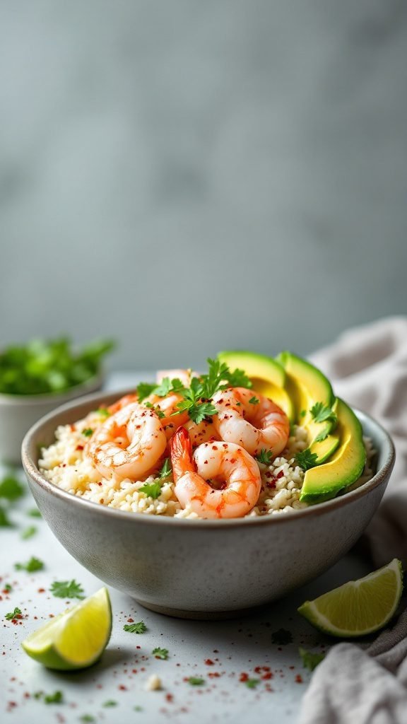 A delicious shrimp and avocado rice bowl with fresh toppings.