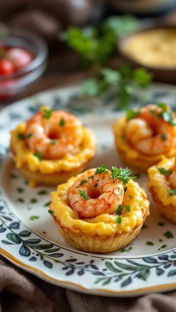 Shrimp and grits bites served on a decorative plate with fresh parsley.