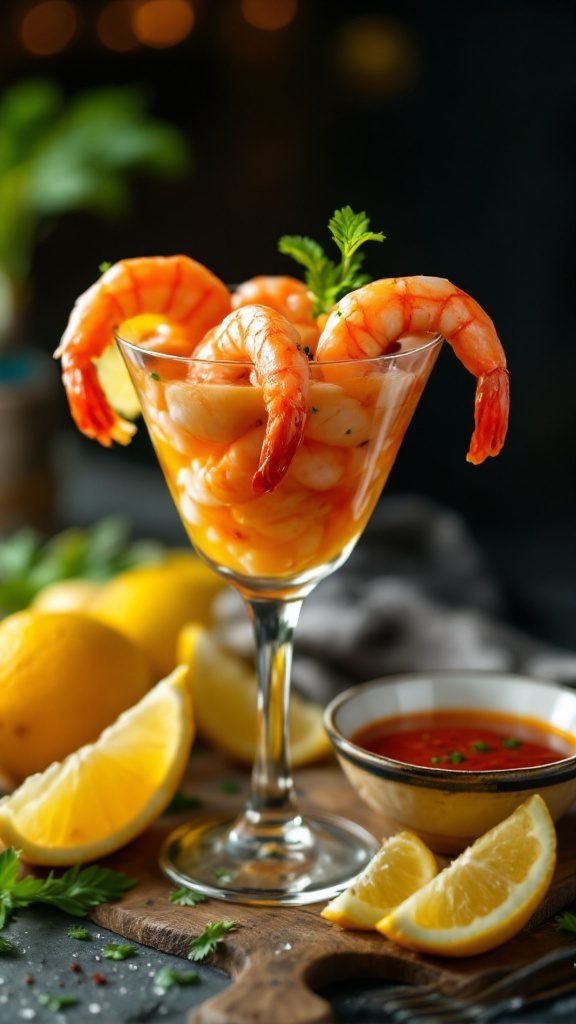 A refreshing shrimp cocktail served with lemon slices and zesty dipping sauce.