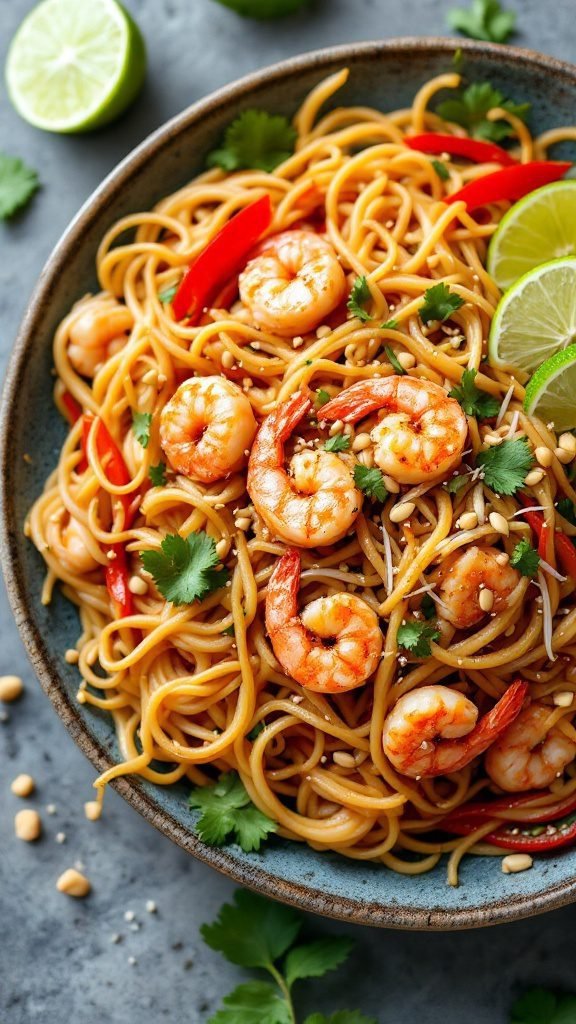 Delicious bowl of Shrimp Pad Thai with shrimp, noodles, and fresh garnishes.