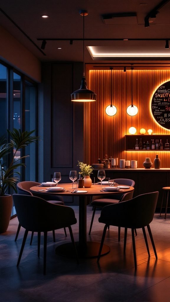 A modern dining room featuring smart home technology with stylish furniture and warm lighting.