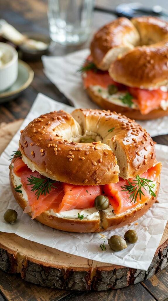 A smoked salmon bagel sandwich topped with cream cheese, capers, and dill.
