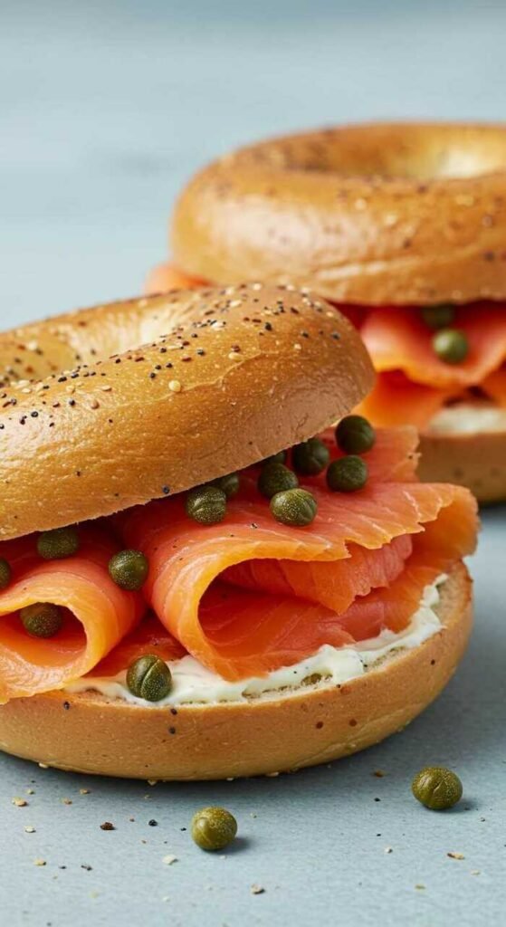 A delicious assembly of smoked salmon bagels topped with capers