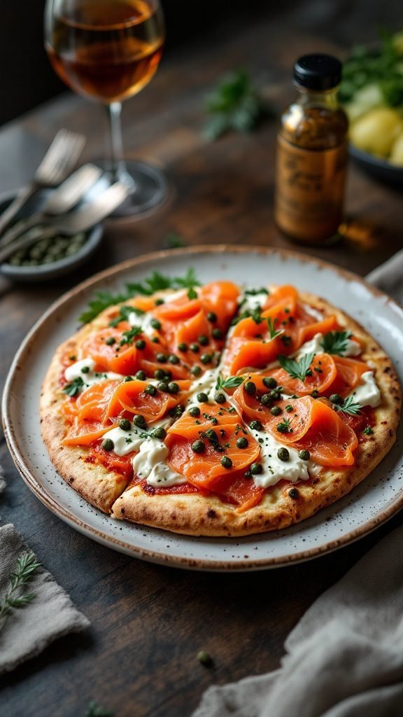 A delicious smoked salmon and cream cheese pizza on a wooden table.
