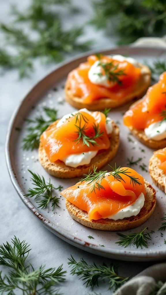 A plate of smoked salmon canapés topped with cream cheese and dill.