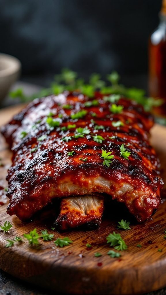 Delicious smoky chipotle BBQ ribs garnished with herbs on a wooden board.