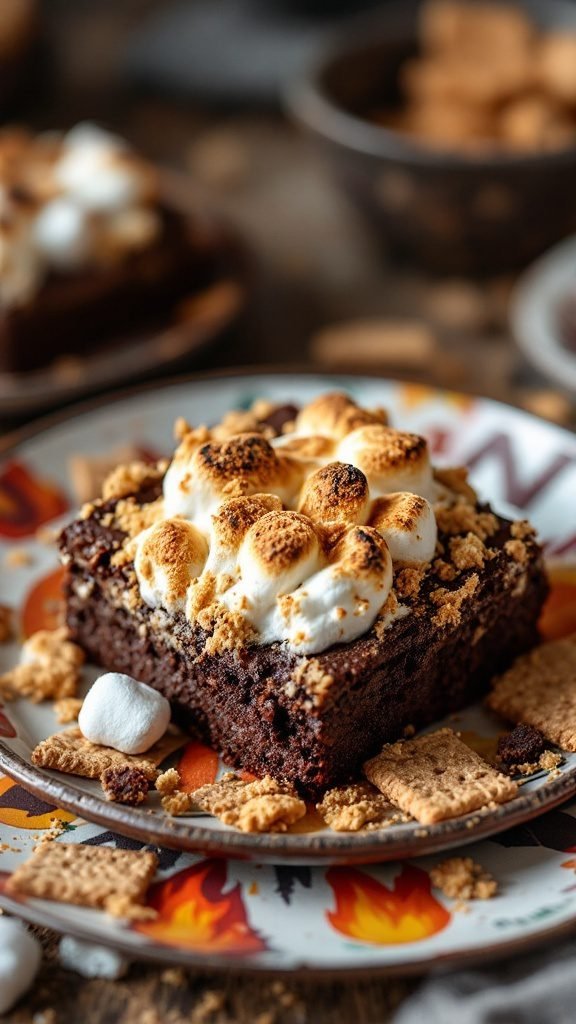 Delicious S'mores Brownies with toasted marshmallows and graham crackers on top.