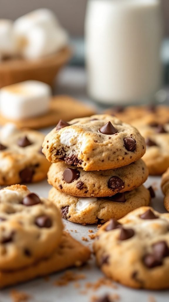 S'mores chocolate chip cookies stacked with chocolate chunks and marshmallows