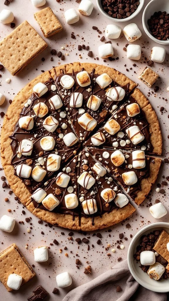 A delicious S'mores Dessert Pizza topped with chocolate and marshmallows on a wooden serving board.