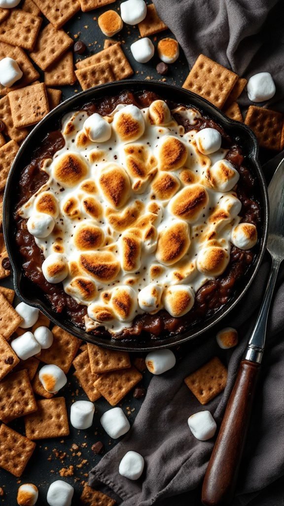 A delicious s'mores dip with melted chocolate and toasted marshmallows surrounded by graham crackers.
