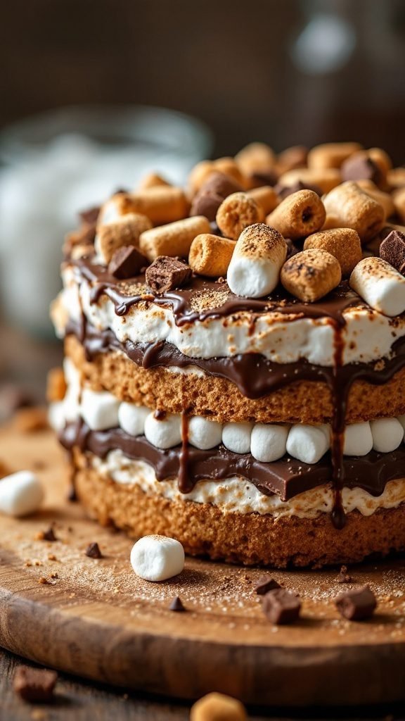 A delicious no-bake s'mores cake layered with chocolate, marshmallow fluff, and graham cracker crust.