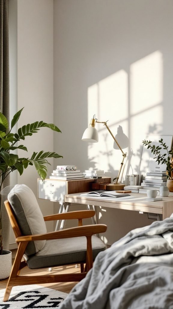 A cozy and stylish study space featuring a wooden desk, a comfortable chair, indoor plants, and soft lighting.