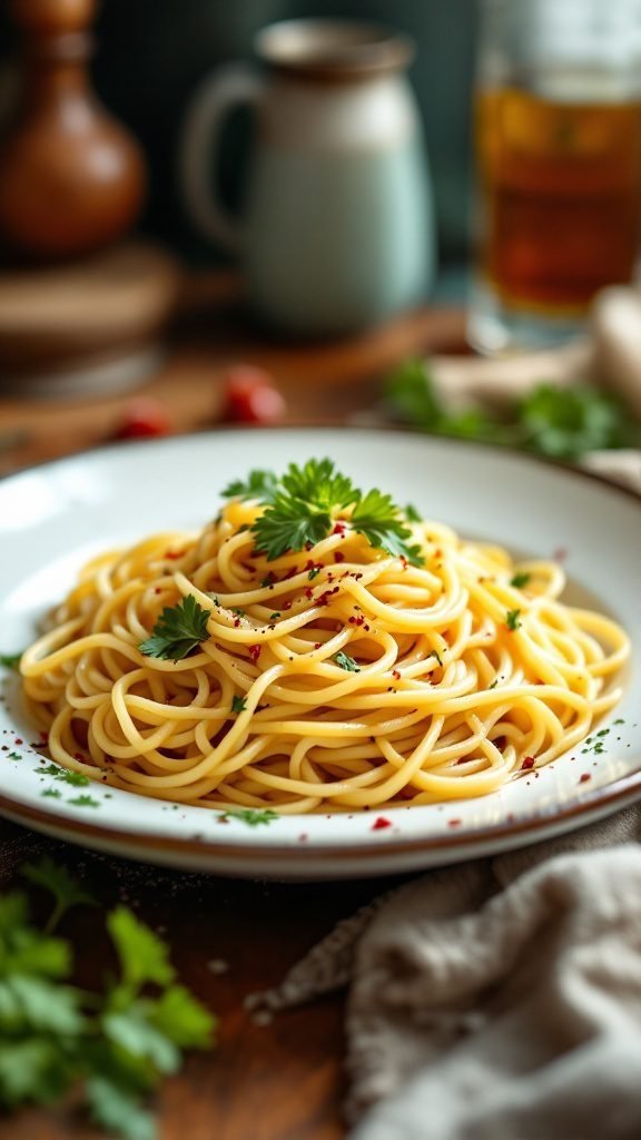 A plate of spaghetti aglio e olio garnished with parsley and red pepper flakes.