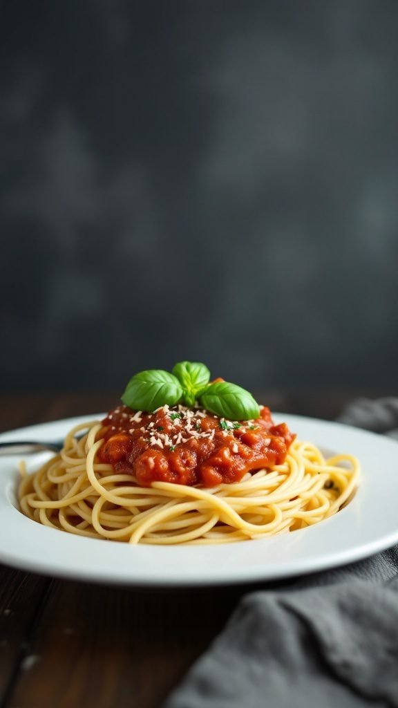 A plate of spaghetti topped with marinara sauce and basil.