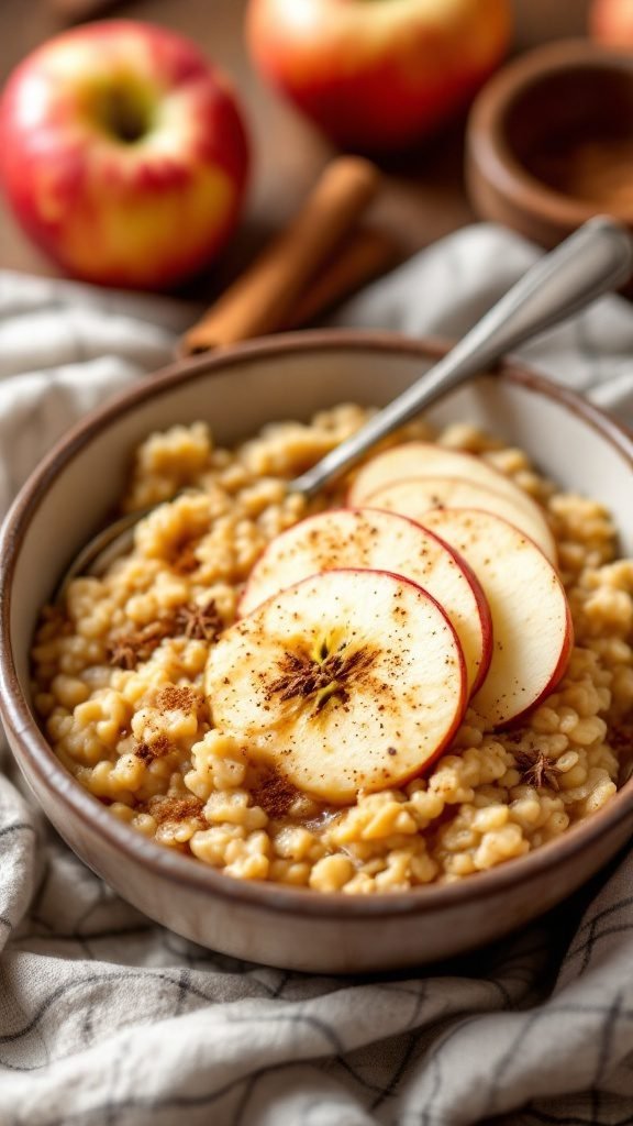 A bowl of spiced apple cider oatmeal topped with apple slices.