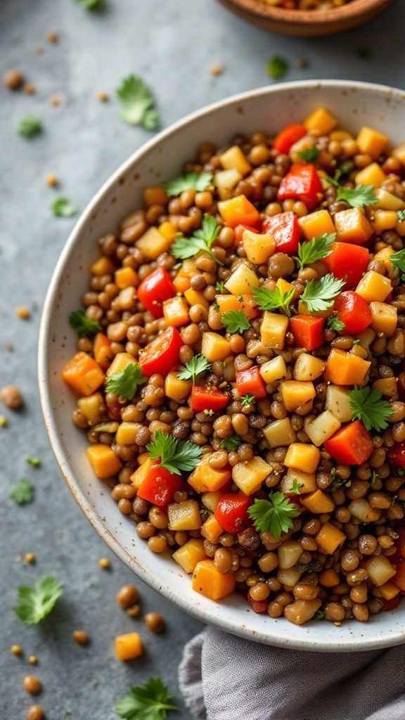 A colorful spiced lentil salad with diced vegetables and fresh cilantro.